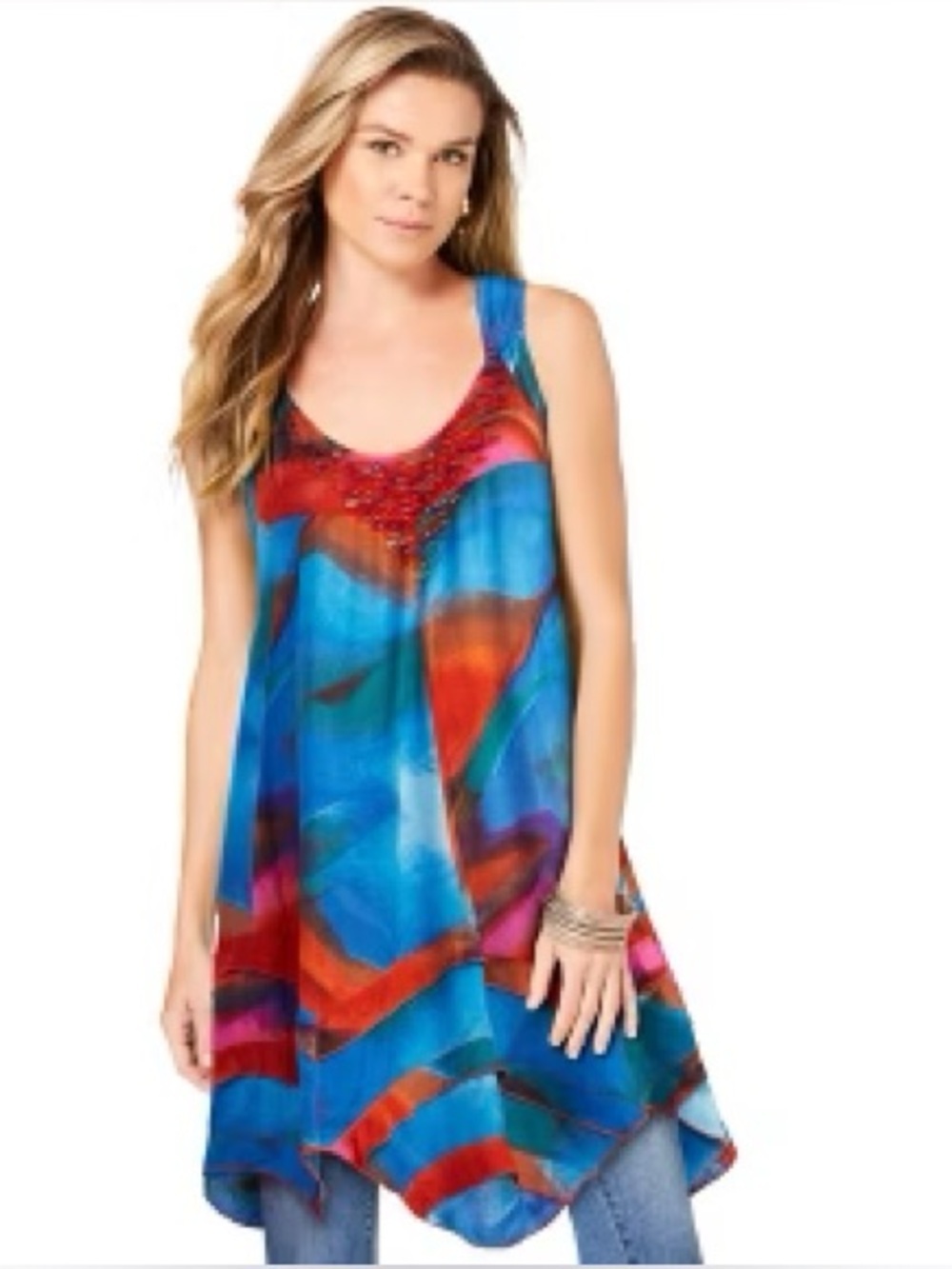 Roaman's Blue & Red Multicolor Sleeveless Swim Coverup Tunic